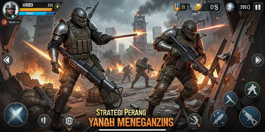 Screenshot utama HR89 menampilkan aksi pertempuran yang strategis dan mendebarkan.
