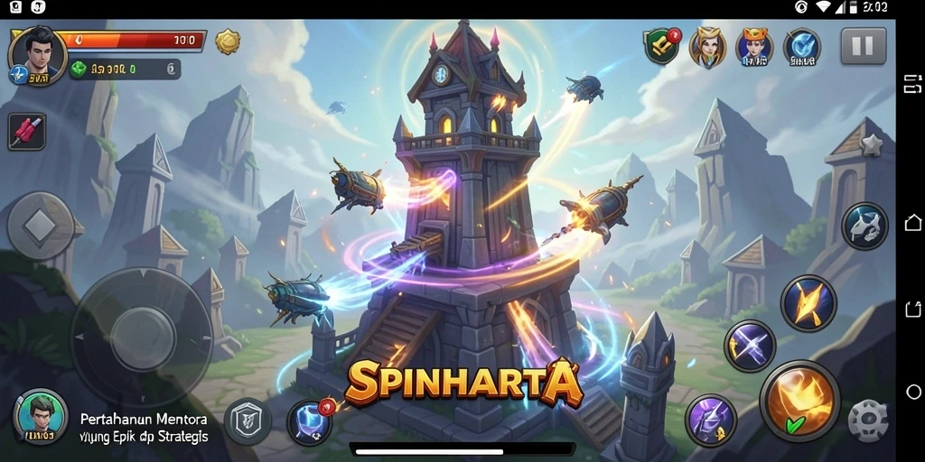 Gameplay SPINHARTA menampilkan pertahanan menara yang strategis dan kreatif.